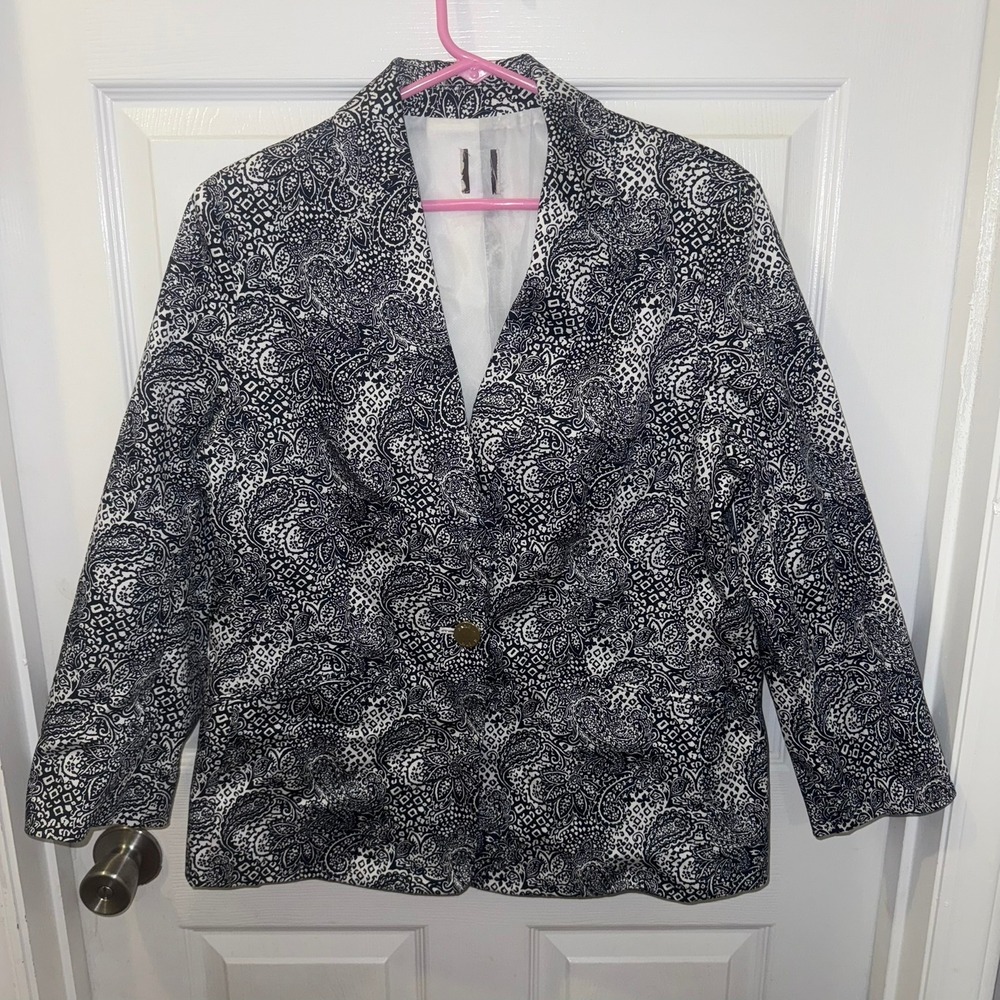 Anne Klein Women's L Navy White Paisley Print Blazer Jacket Career Business Rare